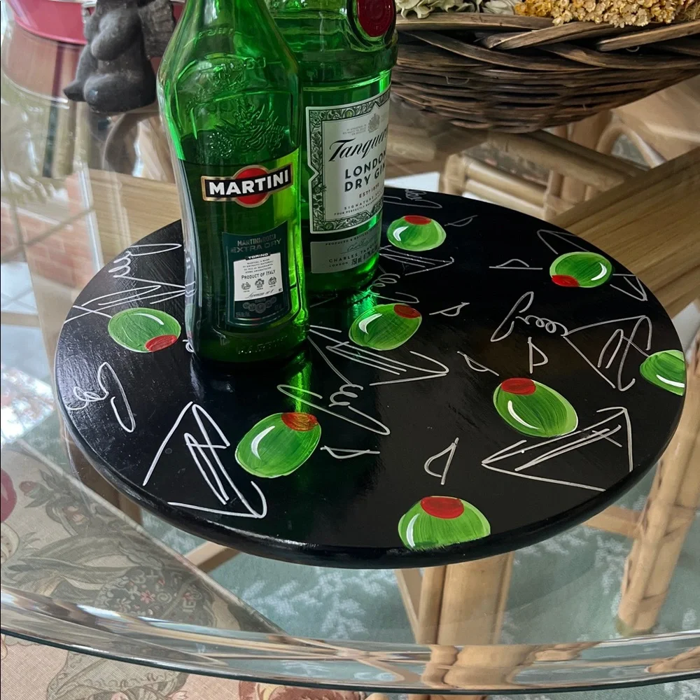 ROTATING TRAY WOOD HAND PAINTED MARTINI MOTIF  14” ROUND LAZY SUSAN
